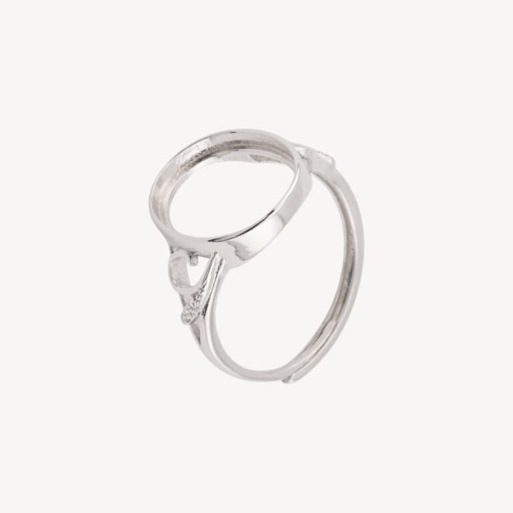 Base Per Anelli Di Argento 925 A Castone Ovale con Incisioni e Strass 12,8x14,8mm Misura Regolabile 1pz Rodiato