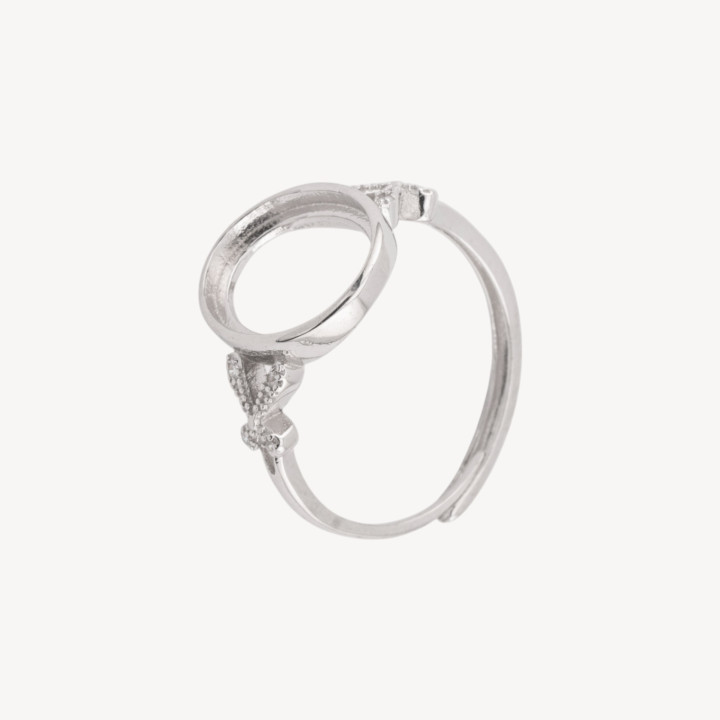 Base Per Anelli Di Argento 925 A Castone Ovale con Strass 12x13mm Misura Regolabile 1pz Rodiato