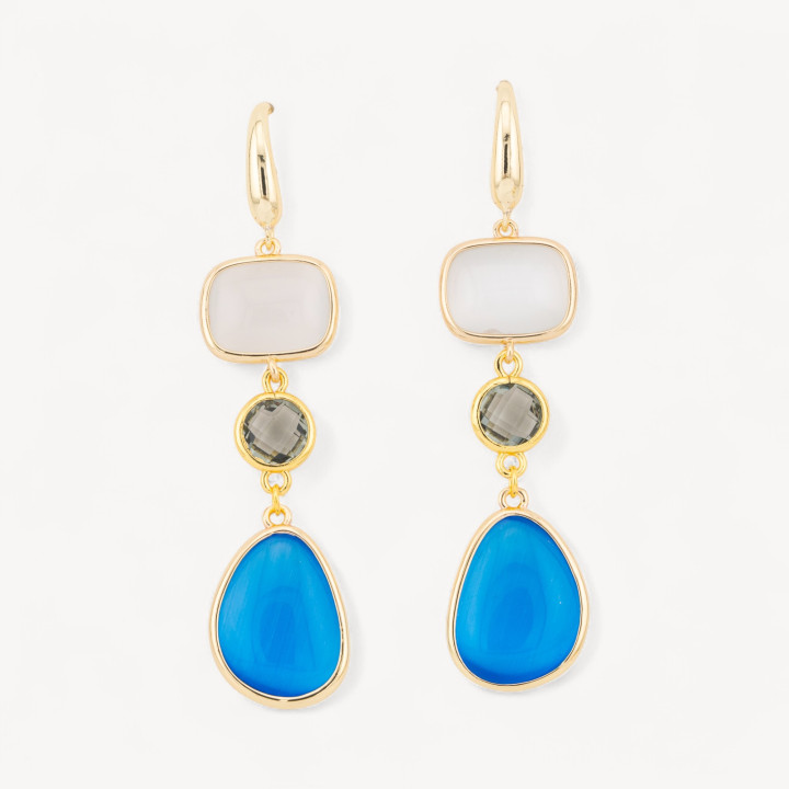 Orecchini Di Bronzo A Perno Con Occhio Di Gatto Retangolo e Mango 17x70mm Bianco e Blu