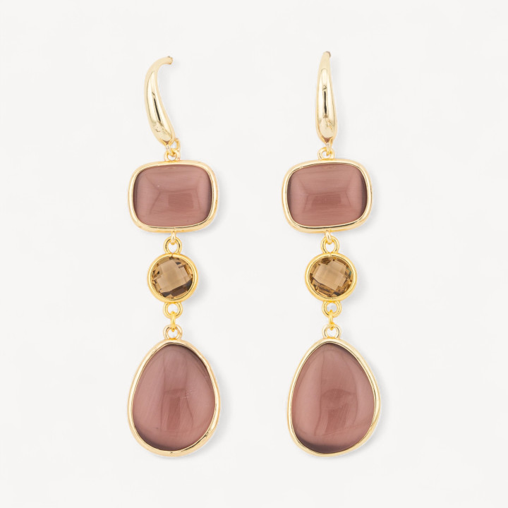 Orecchini Di Bronzo A Perno Con Occhio Di Gatto Retangolo e Mango 17x70mm Cipria