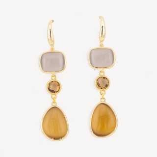 Orecchini Di Bronzo A Perno Con Occhio Di Gatto Retangolo e Mango 17x70mm Grigio e Ambra