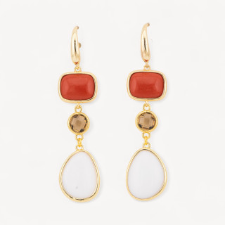 Orecchini Di Bronzo A Perno Con Occhio Di Gatto Retangolo e Mango 17x70mm Rosso e Bianco