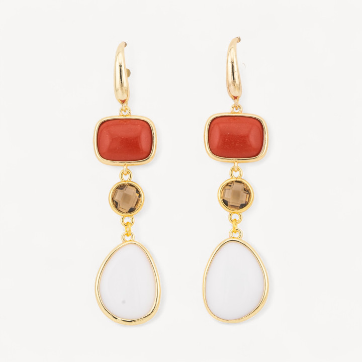 Orecchini Di Bronzo A Perno Con Occhio Di Gatto Retangolo e Mango 17x70mm Rosso e Bianco