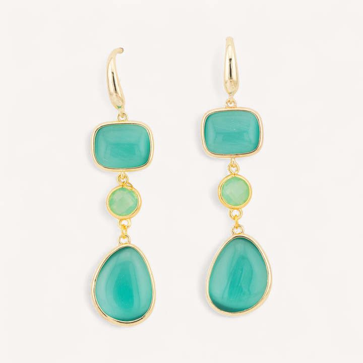 Orecchini Di Bronzo A Perno Con Occhio Di Gatto Retangolo e Mango 17x70mm Verde Smeraldo