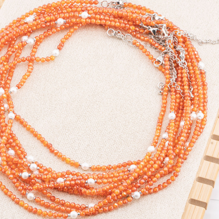 Collana con Cristalli Arancioni E Perle Di Maiorca Con Chiusura e Catenina In Acciaio Rodiato 10pz