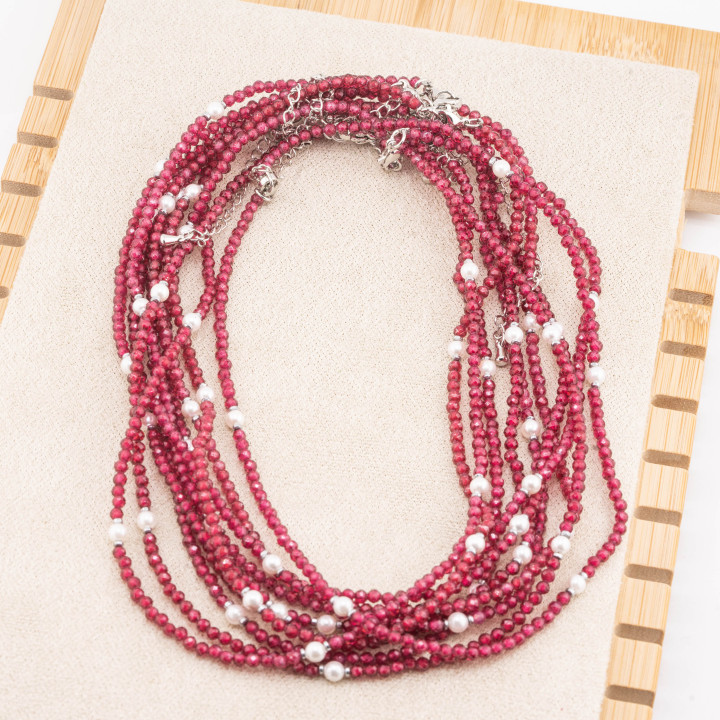 Collana con Cristalli Bordeaux E Perle Di Maiorca Con Chiusura e Catenina In Acciaio Rodiato 10pz