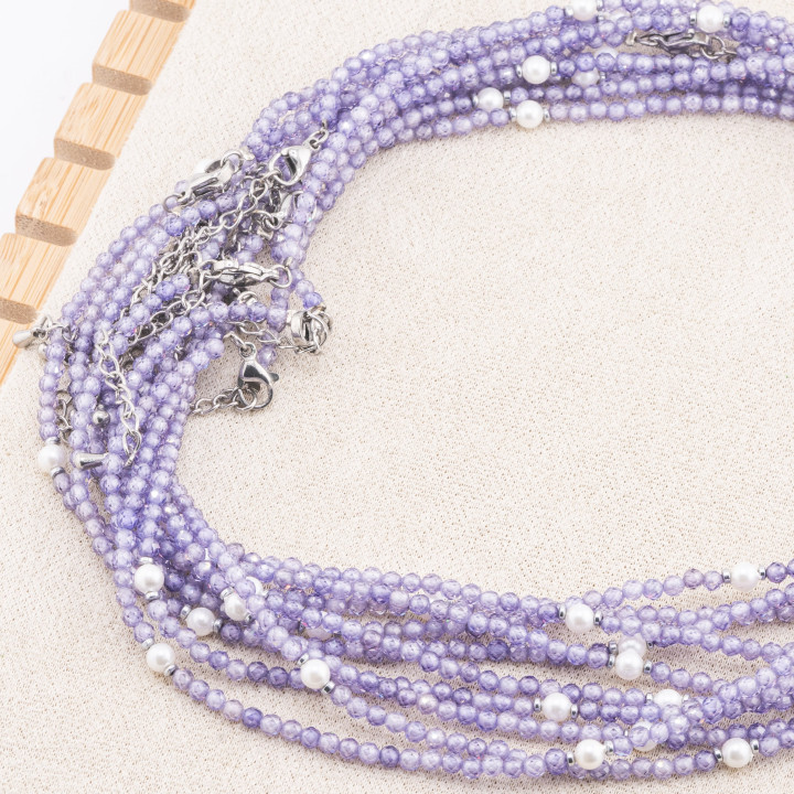Collana con Cristalli Viola E Perle Di Maiorca Con Chiusura e Catenina In Acciaio Rodiato 10pz