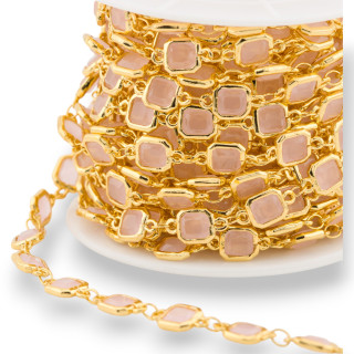 Catena Rosario Di Ottone Con Occhio Di Gatto Cabochon Quadrato 7mm 1 Metro Dorato Rosa