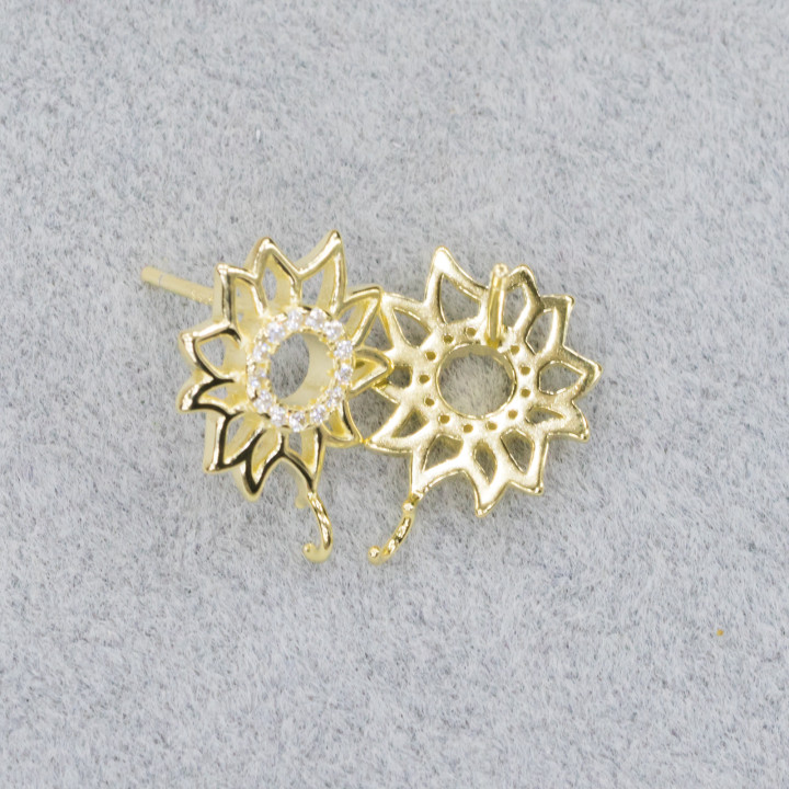 Base Pour Boucles D'oreilles En Argent 925 Clou Fleur Avec Cercle De Zircons 14mm 3 Paires Doré