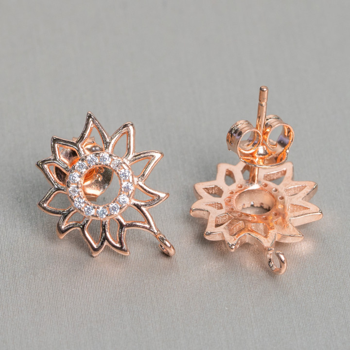 Boucles d'oreilles tige en argent sterling 925 fleur de base avec bandeau en zircon 14 mm 3 paires or rose