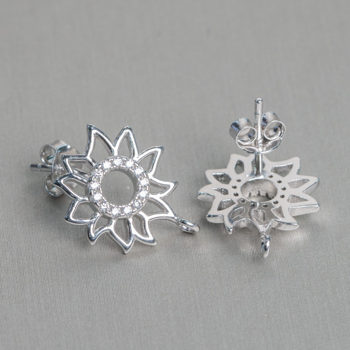 Base For Earrings Of 925 Silver Flower Stud With Zircon Circle 14mm 3 Pairs Rhodium Plated