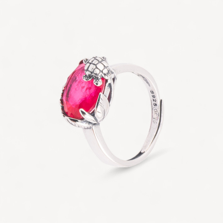 Anello Gioiello In Argento 925 Microfusione Turtle Con Zircone Fucsia Misura Regolabile MOD4476
