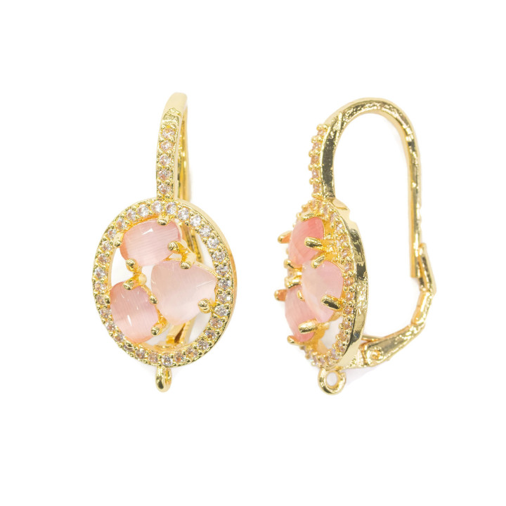 Oval Closed Hook Brass Earring Base with Cat's Eye Cabochon Set 13.5x25mm 5 Pairs Golden Fuchsia