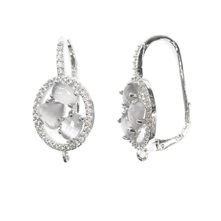 Ovale Fermé Crochet Laiton Boucles D'Oreilles Avec Set Cat Eye Cabochon 13.5x25mm 5 Paires Rhodium Gris
