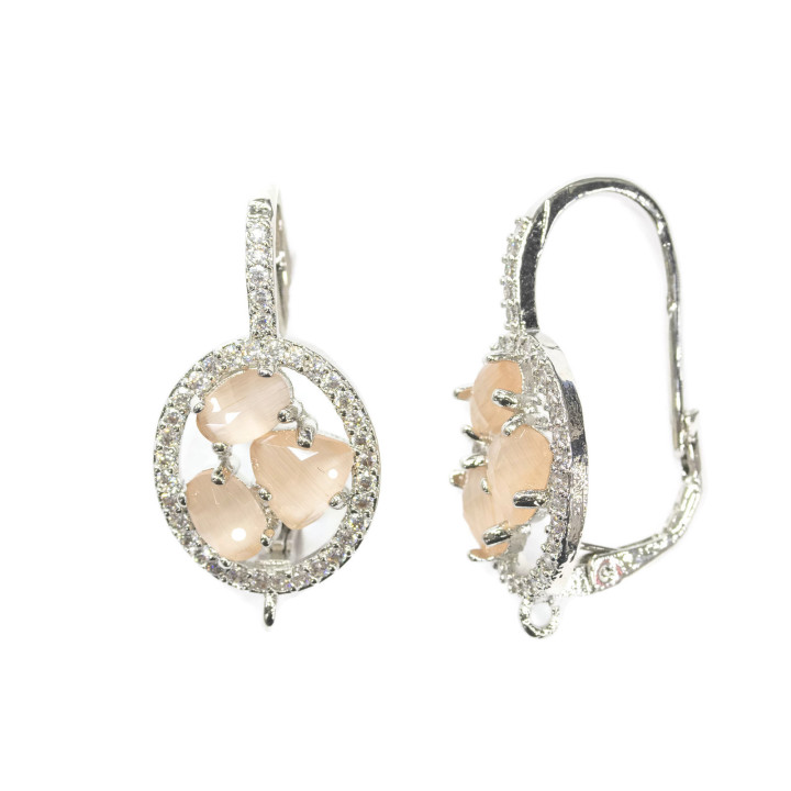 Ovale Fermé Crochet Laiton Boucle D'oreille Base Avec Set Cat Eye Cabochon 13.5x25mm 5 Paires Rhodium Poisson