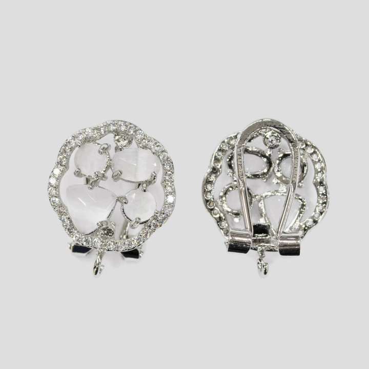 Base Per Orecchini Di Ottone A Perno Chiuso Fiore Con Cabochon Di Occhi Di Gatto Incastonati 16mm 5 Paia