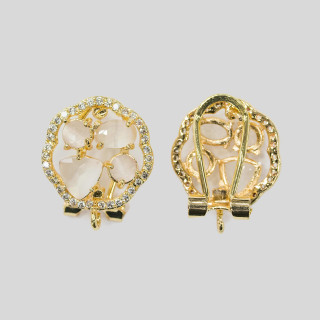 Brass Closed Stud Earring Base Flower with Cat's Eye Cabochon Set 16mm 5 Pairs White Golden