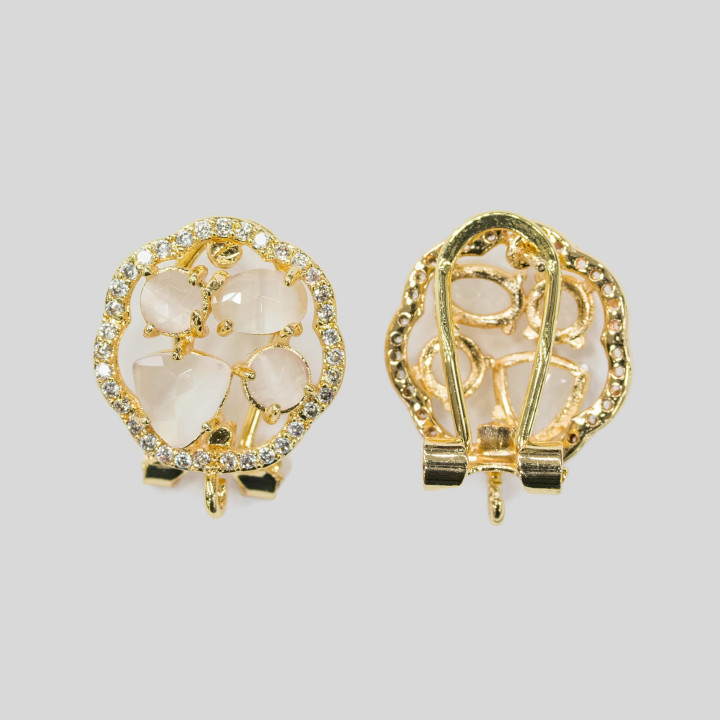 Juego de cabujones de ojo de gato de 16 mm Flor cerrada Pendientes de latón Base 5 pares Oro blanco