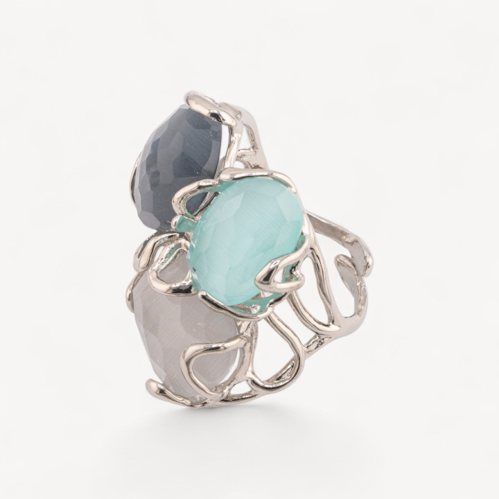 Anello Regolabile in Bronzo Rodiato Collezione AURORA con Occhio di Gatto Multicolor 4| Gioiello Artigianale Donna 32x36mm