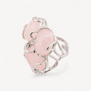 Anello Regolabile in Bronzo Rodiato Collezione AURORA con Pietre Dure Quarzo Rosa | Gioiello Artigianale Donna 32x36mm