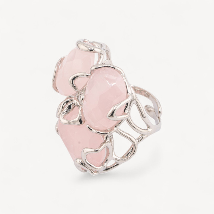 Anello Regolabile in Bronzo Rodiato Collezione AURORA con Pietre Dure  Quarzo Rosa | Gioiello Artigianale Donna 32x36mm