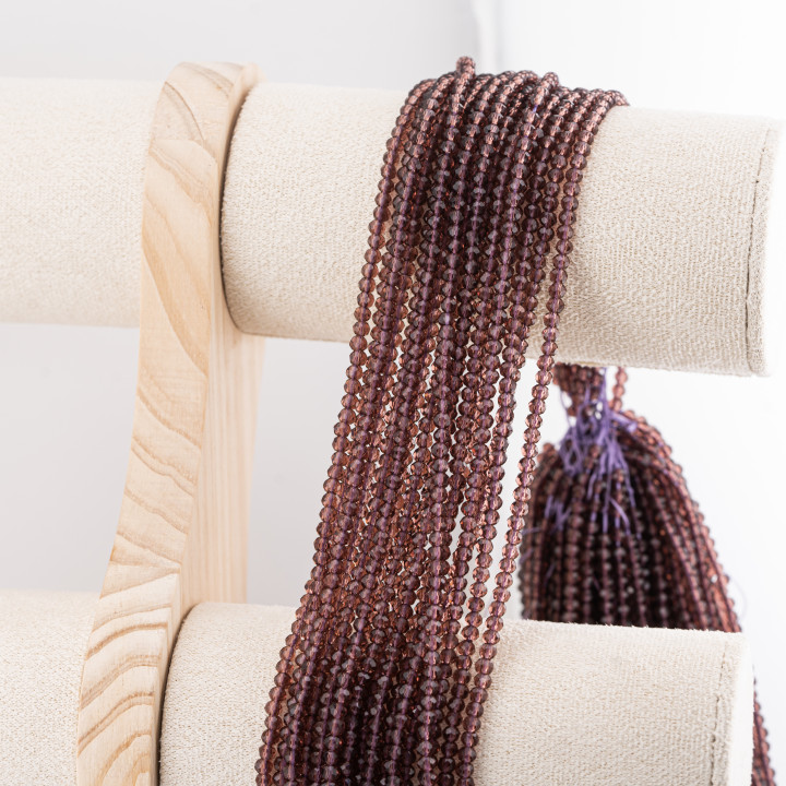 Perline Di Cristalli Rondelle Sfaccettate 3,5x2,5mm 10 FILI Su Filo Di Cotone Pronti all'uso Viola Scuro Trasparente