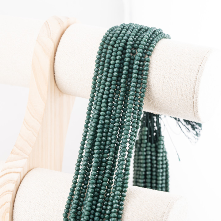 Perline Di Cristalli Rondelle Sfaccettate 3,5x2,5mm 10 FILI Su Filo Di Cotone Pronti all'uso Verde Bosco