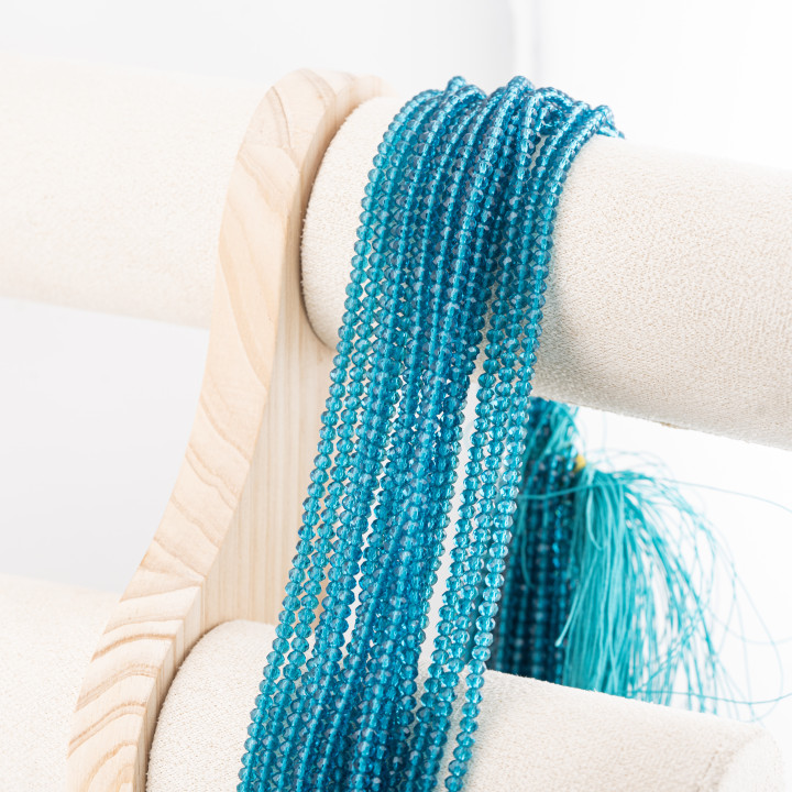 Perline Di Cristalli Rondelle Sfaccettate 3,5x2,5mm 10 FILI Su Filo Di Cotone Pronti all'uso Blu Ottanio Trasparente