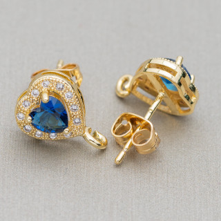 Boucles d'Oreilles Coeur Laiton Base Avec Strass 9x13mm 10 Paires Saphir Doré