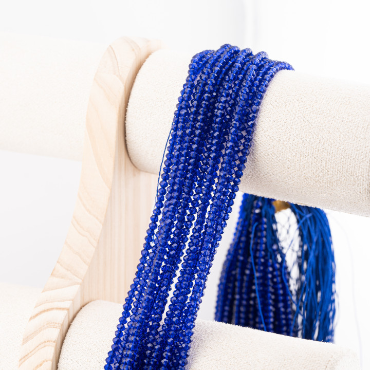 Perline Di Cristalli Rondelle Sfaccettate 3,5x2,5mm 10 FILI Su Filo Di Cotone Pronti all'uso Blu Scuro Trasparente