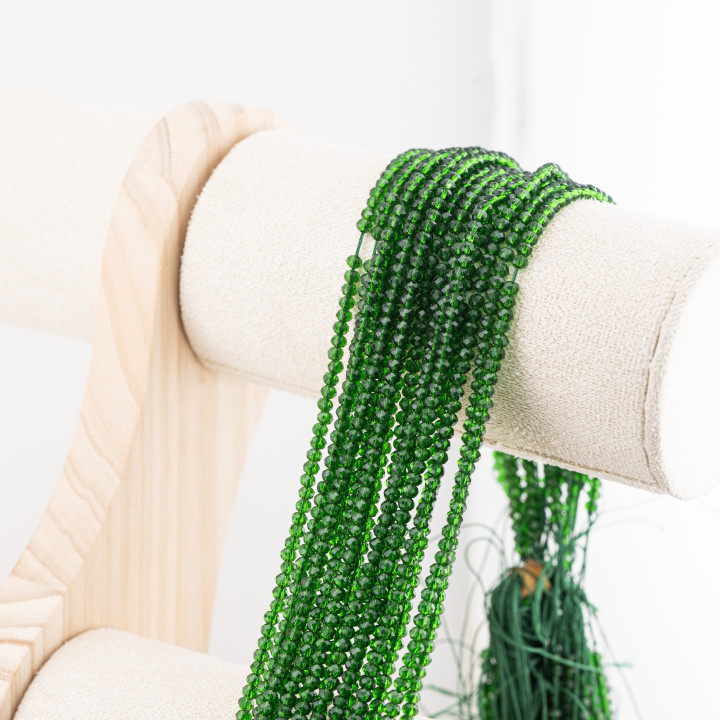 Perline Di Cristalli Rondelle Sfaccettate 3,5x2,5mm 10 FILI Su Filo Di Cotone Pronti all'uso Verde Scuro Trasparente