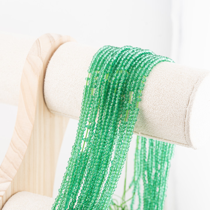 Perline Di Cristalli Rondelle Sfaccettate 3x2mm 10 FILI Su Filo Di Cotone Pronti all'uso Verde Intenso Trasparente