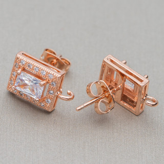Brass Earring Base Rectangle With Rhinestones 9x14mm 10 Pairs White Rose Gold
