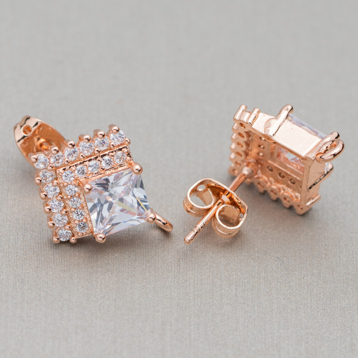 Boucles d'Oreilles en Laiton Losange Base Avec Strass 13x17mm 10 Paires Blanc Or Rose MOD2