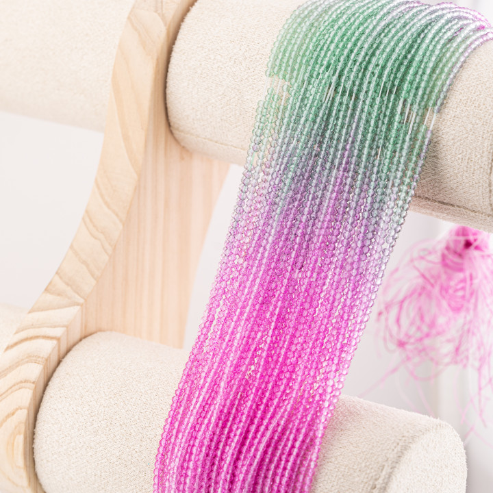 Perline Di Cristalli Rondelle Sfaccettate 3x2mm 10 FILI Su Filo Di Cotone Pronti all'uso Gradiente Verde e Fucsia