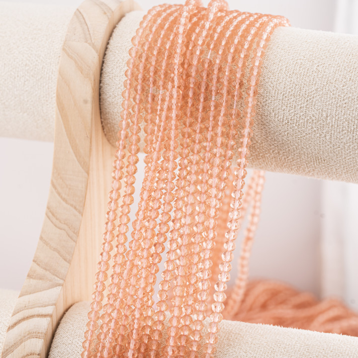 Perline Di Cristalli Rondelle Sfaccettate 4x3mm 10 FILI Su Filo Di Cotone Pronti all'uso Rosa Corallo Trasparente