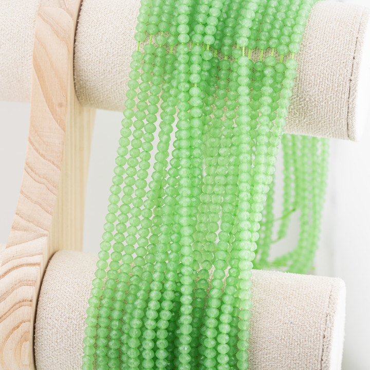 Perline Di Cristalli Rondelle Sfaccettate 4x3mm 10 FILI Su Filo Di Cotone Pronti all'uso Verde Chiaro Trasparente