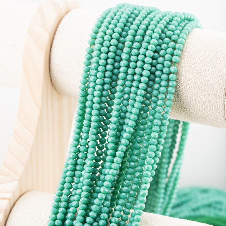 Perline Di Cristalli Rondelle Sfaccettate 4x3mm 10 FILI Su Filo Di Cotone Pronti all'uso Verde Smeraldo