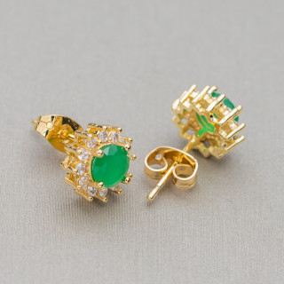 Aretes Redondo Laton Base Con Strass 10mm 10 Pares Esmeralda Dorada