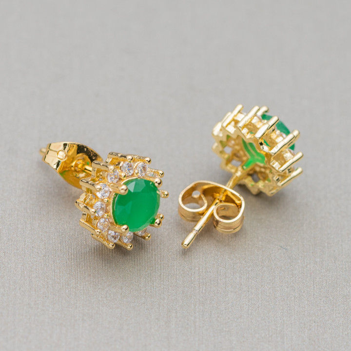 Round Brass Earring Base With Rhinestones 10mm 10 Pairs Emerald Golden
