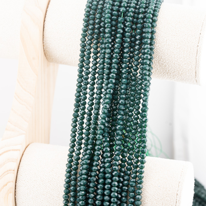 Perline Di Cristalli Rondelle Sfaccettate 4x3mm 10 FILI Su Filo Di Cotone Pronti all'uso Verde Scuro