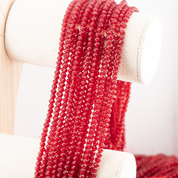 Perline Di Cristalli Rondelle Sfaccettate 4x3mm 10 FILI Su Filo Di Cotone Pronti all'uso Rosso Trasparente