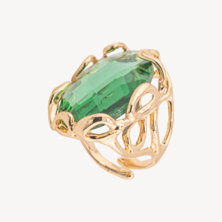 Anello Regolabile in Bronzo Dorato Collezione AURORA-1 con Cabochon di Cristallo Verde | Gioiello Artigianale Donna 22x33mm