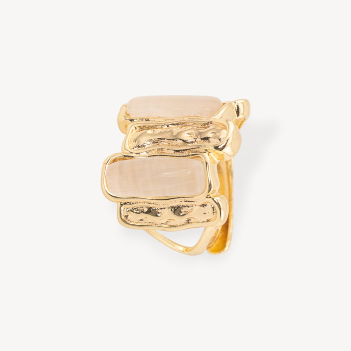 Anello Di Bronzo Con Occhio Di Gatto 20x22mm Con 2 Pietre Misura Regolabile Dorato Beige