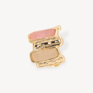 Anello Di Bronzo Con Occhio Di Gatto 20x22mm Con 2 Pietre Misura Regolabile Dorato Rosa e Beige