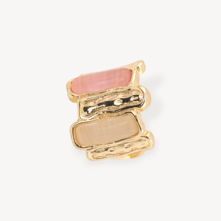 Anello Di Bronzo Con Occhio Di Gatto 20x22mm Con 2 Pietre Misura Regolabile Dorato Rosa e Beige