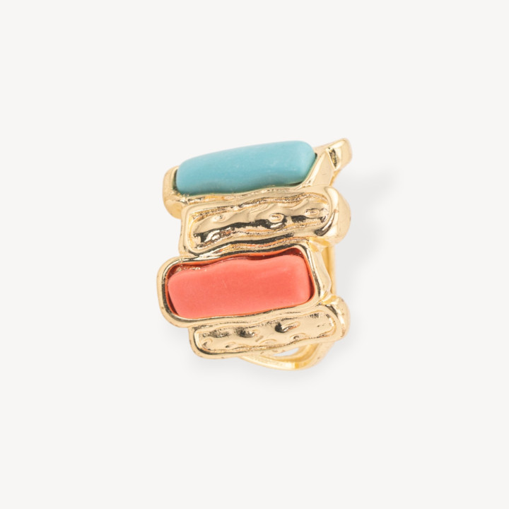 Anello Di Bronzo Con Occhio Di Gatto 20x22mm Con 2 Pietre Misura Regolabile Dorato Turchese e Corallo