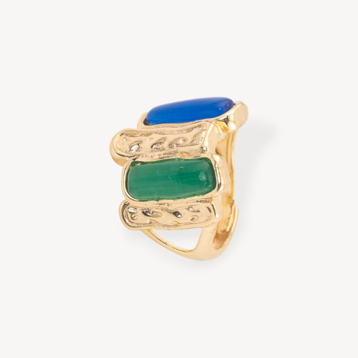 Anello Di Bronzo Con Occhio Di Gatto 20x22mm Con 2 Pietre Misura Regolabile Dorato Verde e Blu