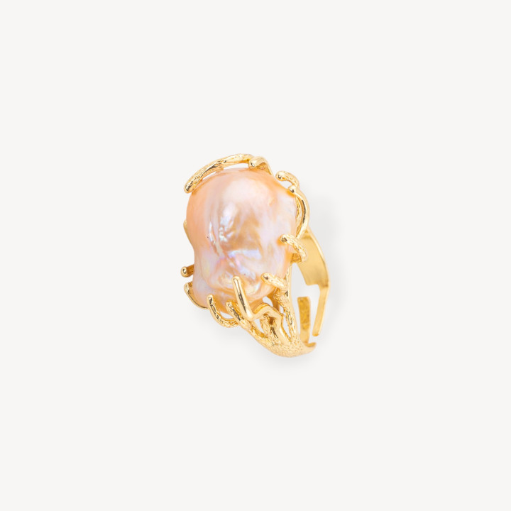 Anello Di Bronzo Con Perle Di Fiume Barocche Rosa Misura Regolabile 20-34mm Dorato