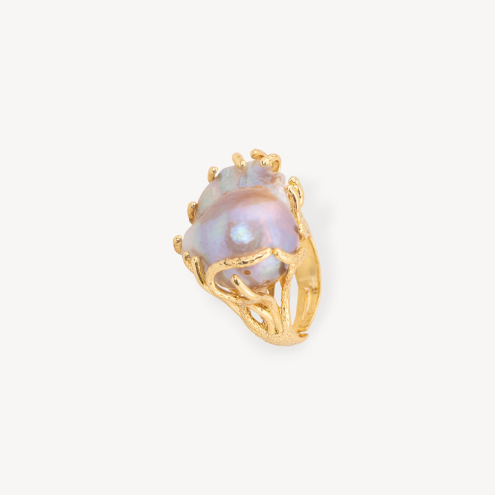 Anello Di Bronzo Con Perle Di Fiume Barocche Thaiti Misura Regolabile 20-34mm Dorato